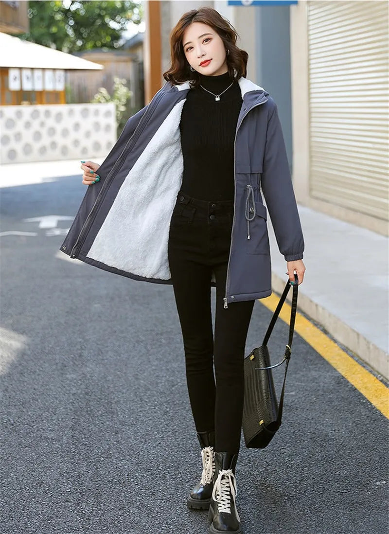 Windbreaker Women Jackets New Winter Mid-Length Loose Coat Hooded Lace-UP Female Jacket Plus Velvet Warm Outwear Ladies Outcoat