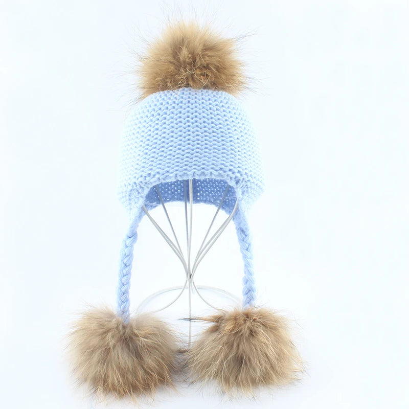 Winter Hat For Kids Real Mink Raccoon Fur Pompom Hat Children Wool Knitted Girls Boys Cap Baby Earflap Skullies Beanies