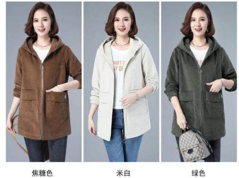 Corduroy Jacket For Women Autumn New Korean 5XL Casual Hooded Middle-aged Mother Windbreaker Coat  2189