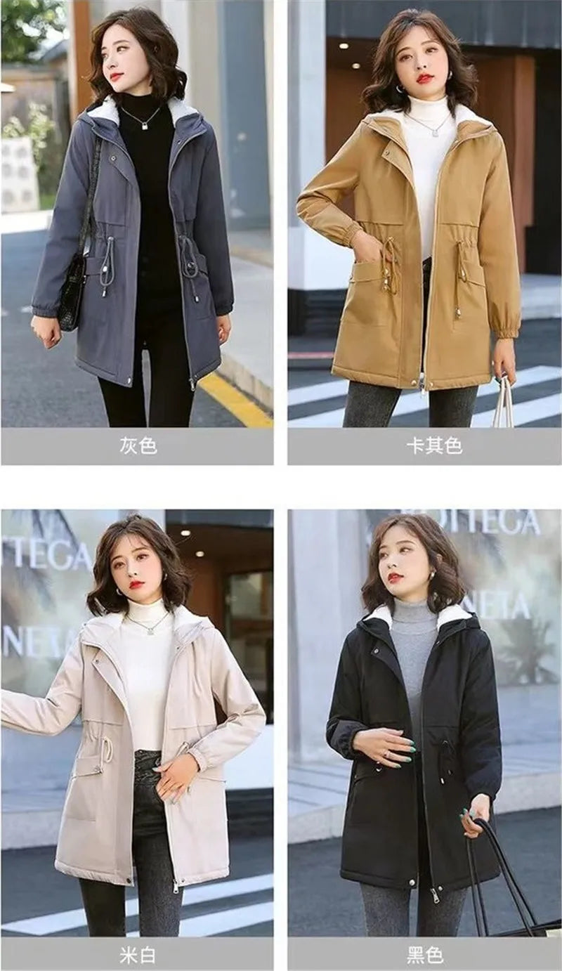 Windbreaker Women Jackets New Winter Mid-Length Loose Coat Hooded Lace-UP Female Jacket Plus Velvet Warm Outwear Ladies Outcoat