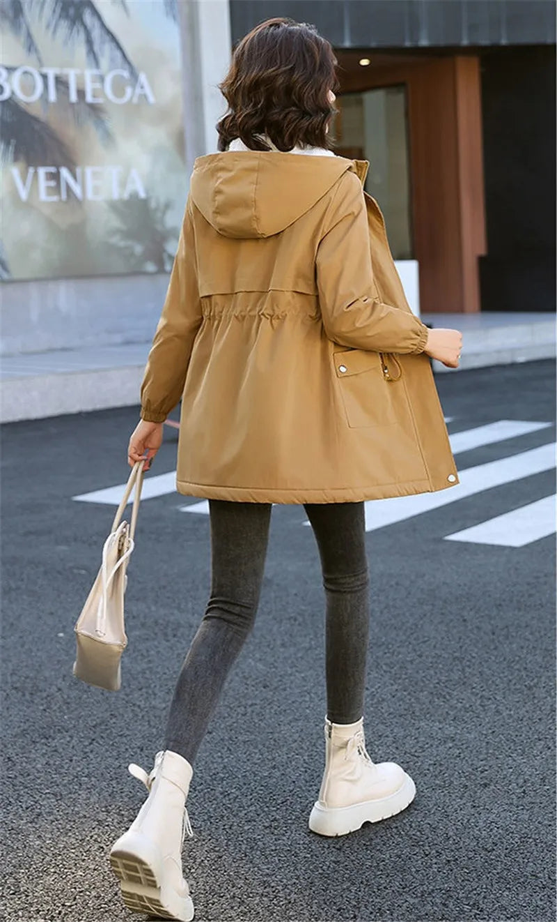 Windbreaker Women Jackets New Winter Mid-Length Loose Coat Hooded Lace-UP Female Jacket Plus Velvet Warm Outwear Ladies Outcoat