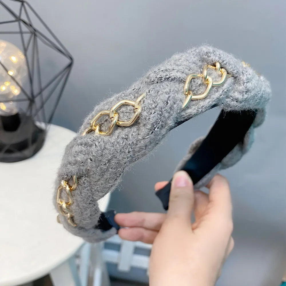 Winter Golden Chain Woolen Headband For Women Korea Handmade Soft Fur Hairband Hot Sale Outdoor Hair Accessories Headwear