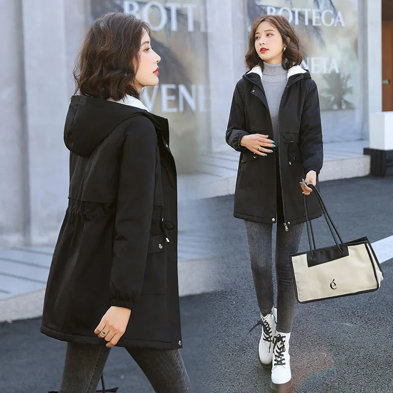 Windbreaker Women Jackets New Winter Mid-Length Loose Coat Hooded Lace-UP Female Jacket Plus Velvet Warm Outwear Ladies Outcoat