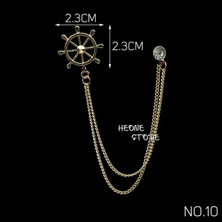 Golden Men Women Tassel Chain Lapel Pin Brooch Wings Crown Sword Scissors Retro Men Gift Wedding Banquet Daily Wear Accessories