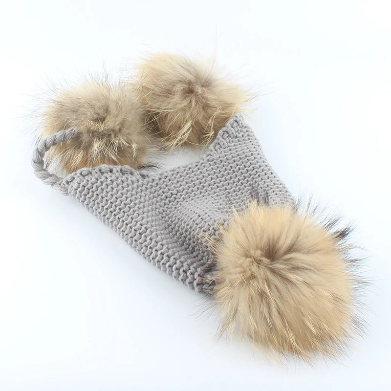 Winter Hat For Kids Real Mink Raccoon Fur Pompom Hat Children Wool Knitted Girls Boys Cap Baby Earflap Skullies Beanies