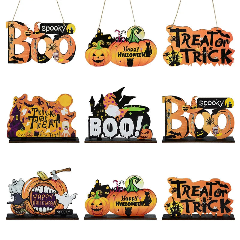 Halloween Wooden Ornaments Pumpkin Ghost Trick or Treat Pendants Halloween Party Decoration for Home Door Hanging Signs Kids Toy