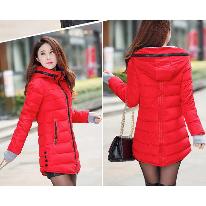 Warm Winter Jackets for Women Fashion cotton padded Parkas Casual Hooded Long Coat Thicken Zipper Slim Fit Plus Size Long Parka