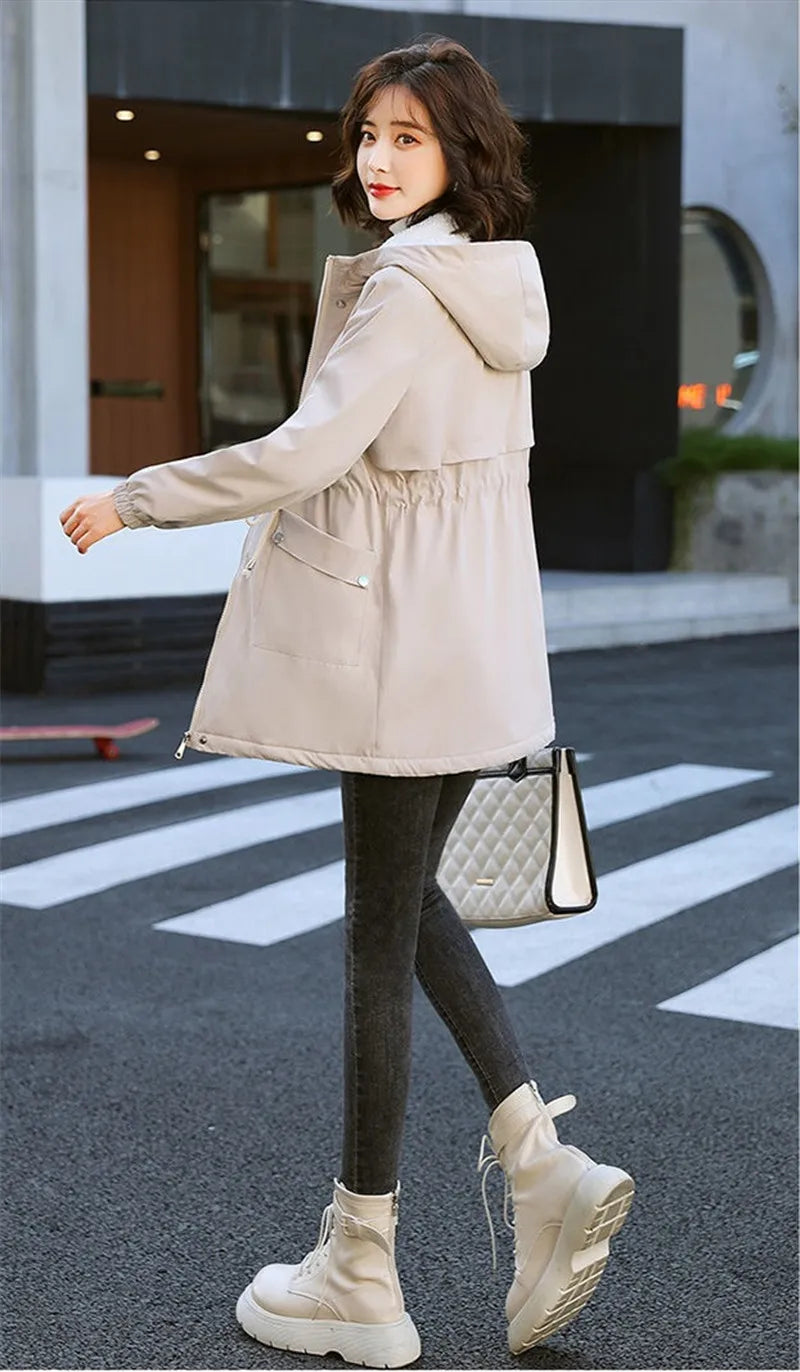 Windbreaker Women Jackets New Winter Mid-Length Loose Coat Hooded Lace-UP Female Jacket Plus Velvet Warm Outwear Ladies Outcoat