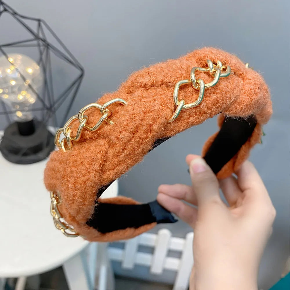 Winter Golden Chain Woolen Headband For Women Korea Handmade Soft Fur Hairband Hot Sale Outdoor Hair Accessories Headwear