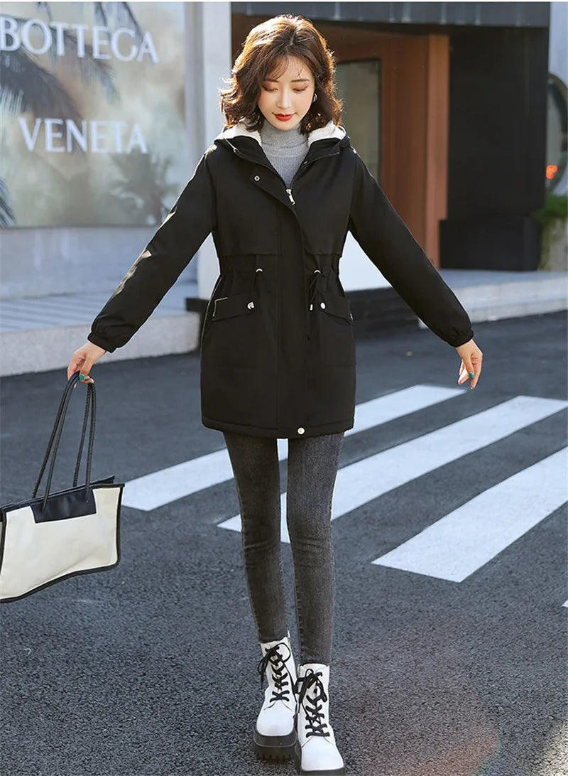 Windbreaker Women Jackets New Winter Mid-Length Loose Coat Hooded Lace-UP Female Jacket Plus Velvet Warm Outwear Ladies Outcoat