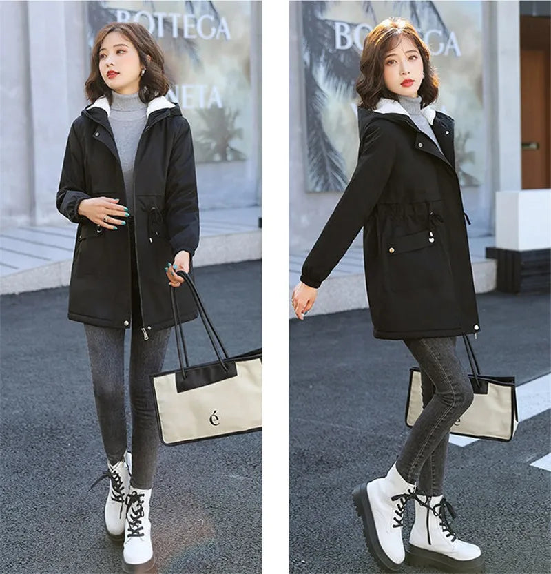 Windbreaker Women Jackets New Winter Mid-Length Loose Coat Hooded Lace-UP Female Jacket Plus Velvet Warm Outwear Ladies Outcoat