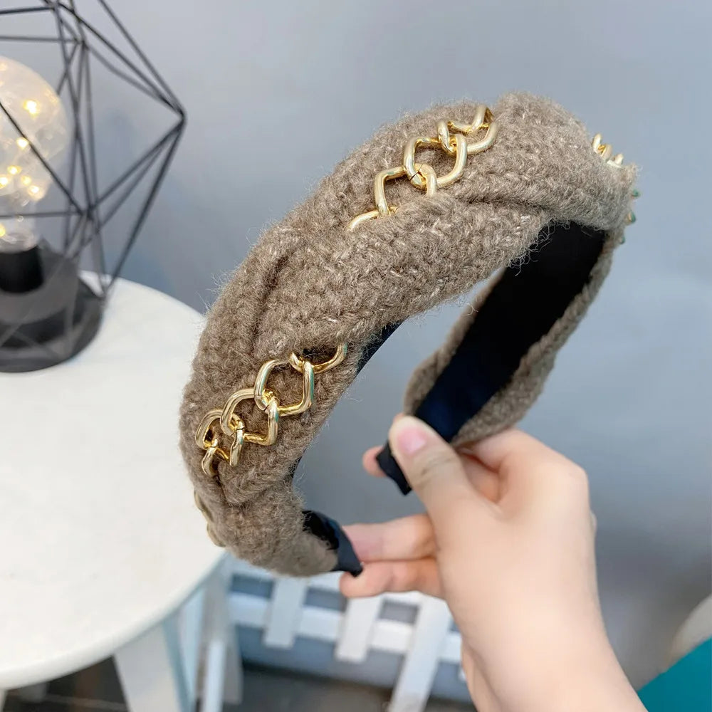 Winter Golden Chain Woolen Headband For Women Korea Handmade Soft Fur Hairband Hot Sale Outdoor Hair Accessories Headwear