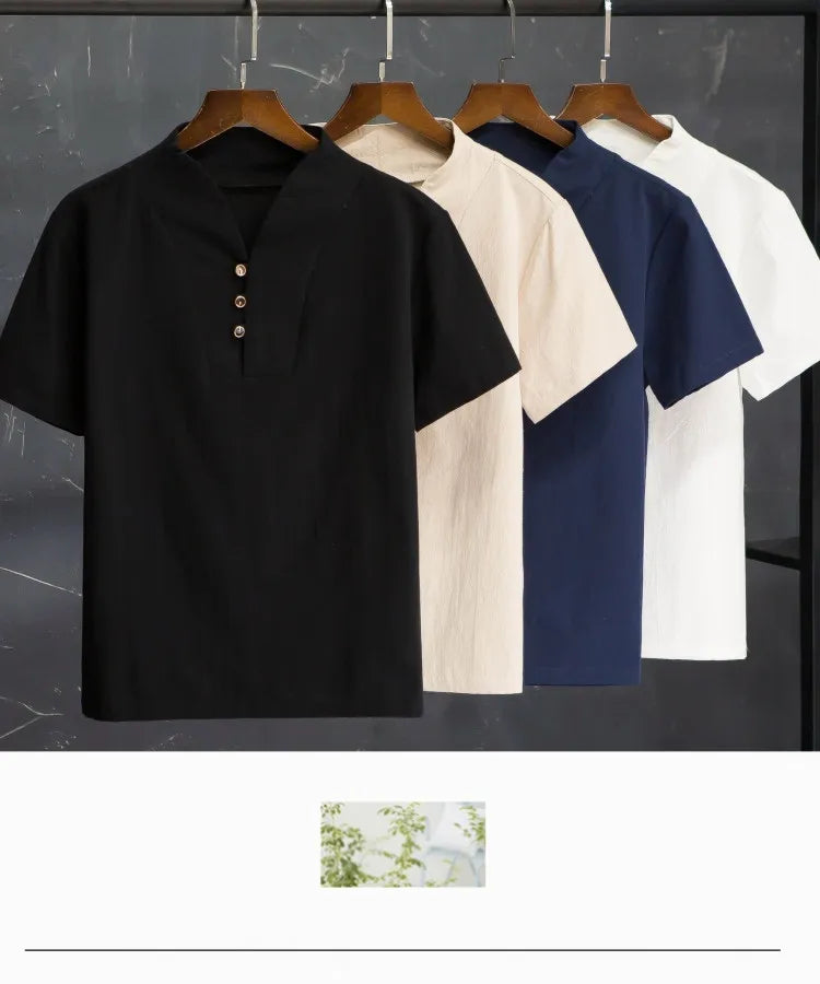 (Shirt + trousers) 2025 summer men shirt Man Cotton and linen shirts Short sleeve men's casual shirts men A set of clothes M-5XL