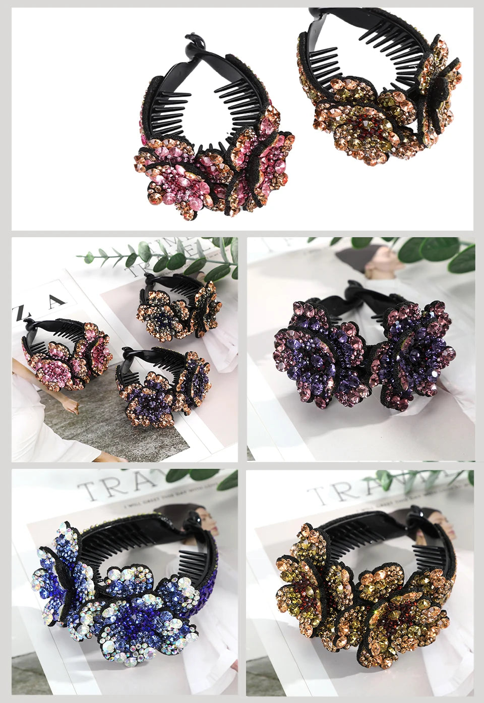 AWAYTR Women Flower Hair Clips Claw Rhinestone Ponytail Hair Accessories Hairpins Ladies Headbands Girls Ornaments Barrettes