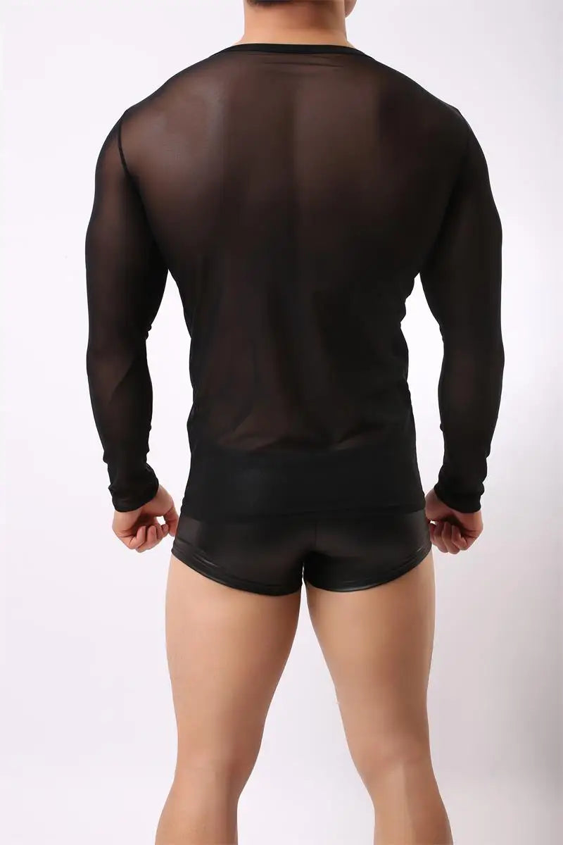 Men's Sexy T-Shirts Mesh Tee Shirt Undershirt Homme Long Sleeves Men T Shirts Male Transparent See through Shirts