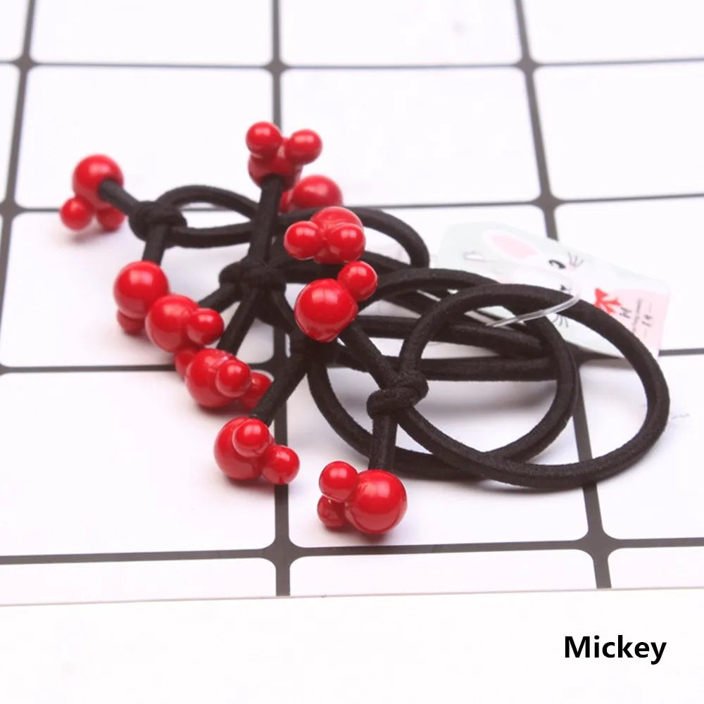 10Pcs/Set Fashion Cute Elastic Hair Bands Red Beads Hair Ties   Ponytail Holder Lovely Heart Mickey Hair Rope Hair Accessories