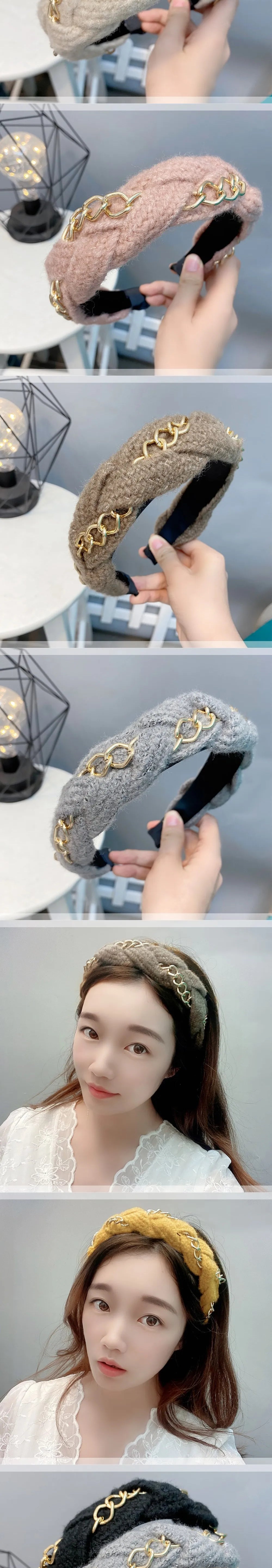 Winter Golden Chain Woolen Headband For Women Korea Handmade Soft Fur Hairband Hot Sale Outdoor Hair Accessories Headwear