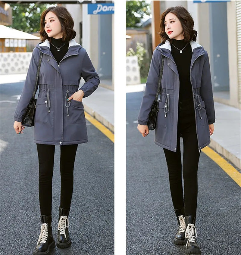 Windbreaker Women Jackets New Winter Mid-Length Loose Coat Hooded Lace-UP Female Jacket Plus Velvet Warm Outwear Ladies Outcoat