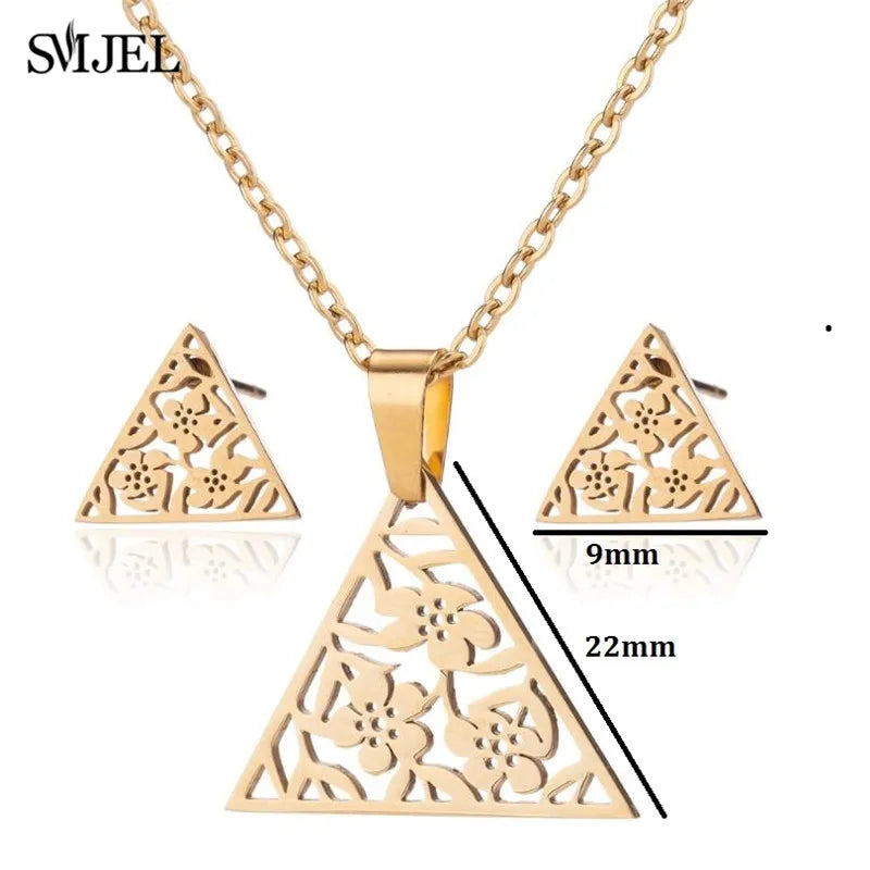 SMJEL Jewelry Sets Boho Flower Triangle Earrings Vintage Tibetab Retro Necklace Women Art Deco Pendant Chain Collares Gifts