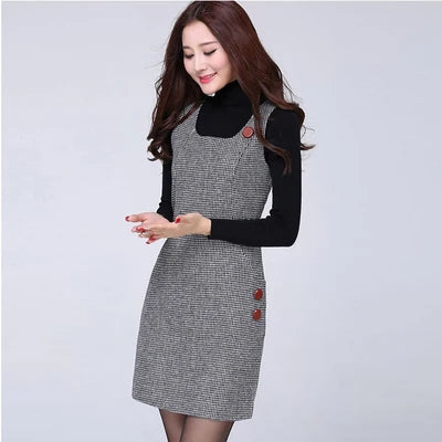 Hot Woolen Dresses Women 2025 Spring Autumn Winter Sleeveless Vest Dress With pocket All-match Lady Plaid Vest Slim Dresses 5XL