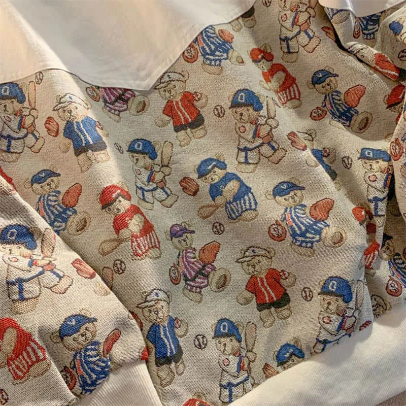 Woman Jacket Design Sense Niche Stitching Bear Print Jacket Men Women Spring Autumn Loose Retro Baseball Uniform Cardigan Ins