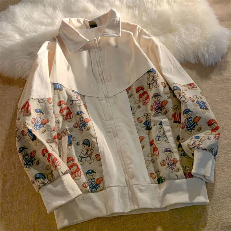 Woman Jacket Design Sense Niche Stitching Bear Print Jacket Men Women Spring Autumn Loose Retro Baseball Uniform Cardigan Ins