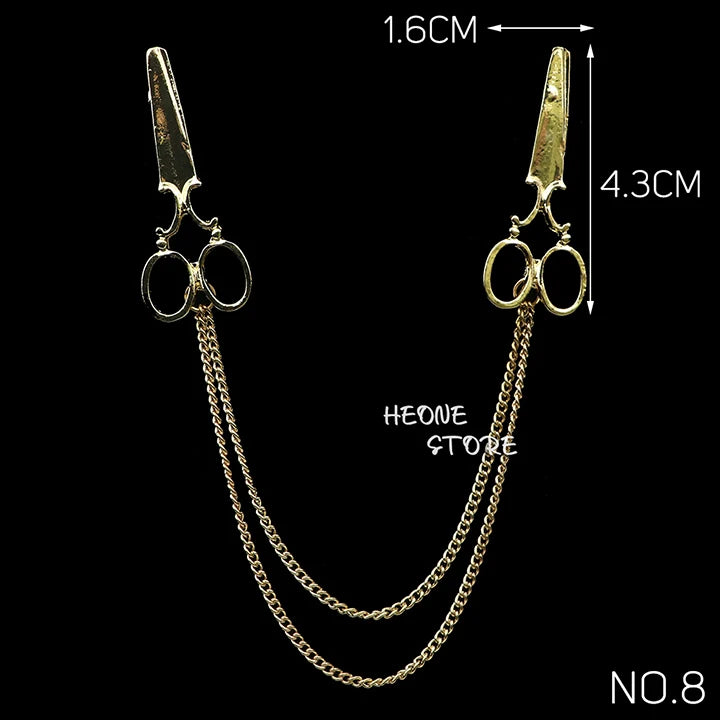 Golden Men Women Tassel Chain Lapel Pin Brooch Wings Crown Sword Scissors Retro Men Gift Wedding Banquet Daily Wear Accessories