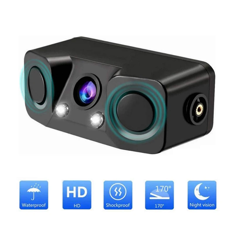 HD Car Rear View Camera 3 in 1 Parking Radar Detector Sensor Waterproof Night Vision LED Light