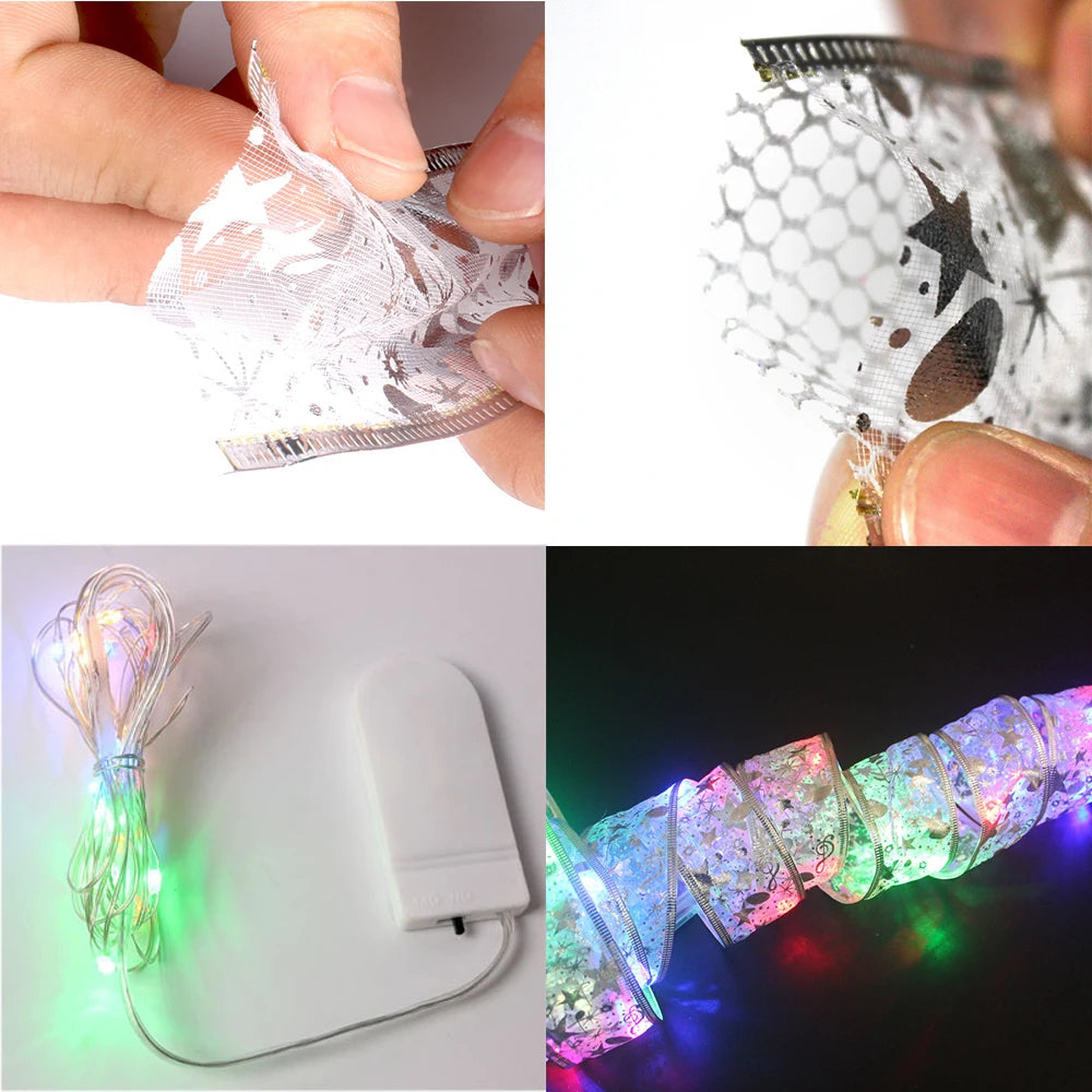 Christmas Decoration LED Ribbon Lights Christmas Tree Ornaments DIY Lace Bows String Lights Navidad Home Decors New Year 2023