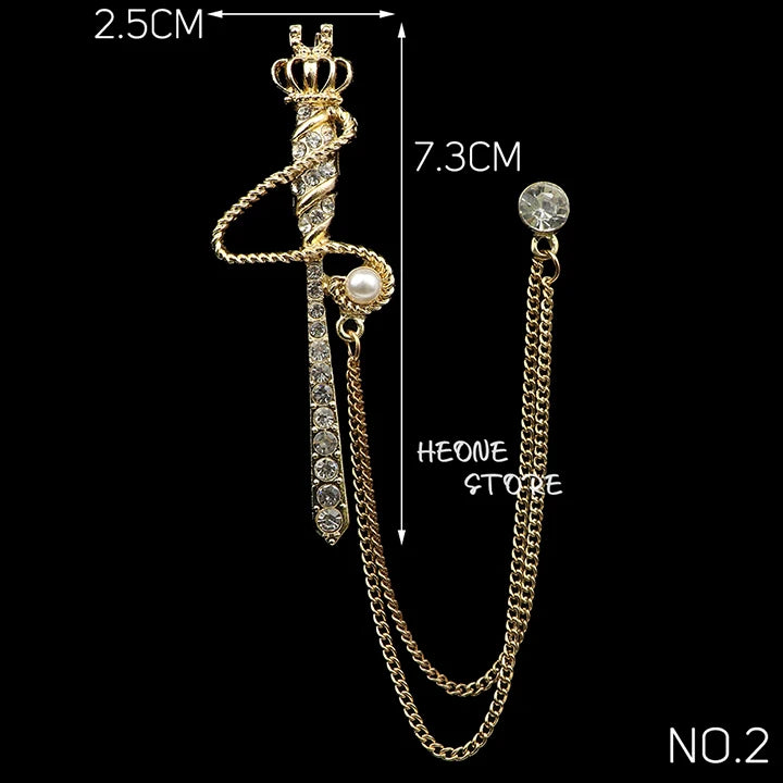 Golden Men Women Tassel Chain Lapel Pin Brooch Wings Crown Sword Scissors Retro Men Gift Wedding Banquet Daily Wear Accessories