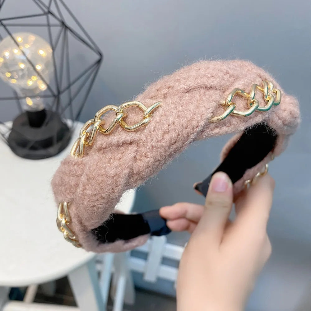 Winter Golden Chain Woolen Headband For Women Korea Handmade Soft Fur Hairband Hot Sale Outdoor Hair Accessories Headwear
