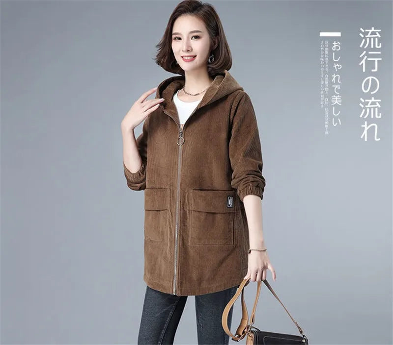Corduroy Jacket For Women Autumn New Korean 5XL Casual Hooded Middle-aged Mother Windbreaker Coat  2189