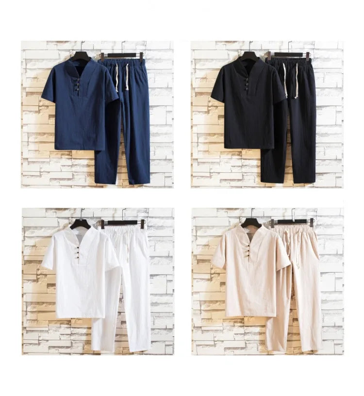 (Shirt + trousers) 2025 summer men shirt Man Cotton and linen shirts Short sleeve men's casual shirts men A set of clothes M-5XL