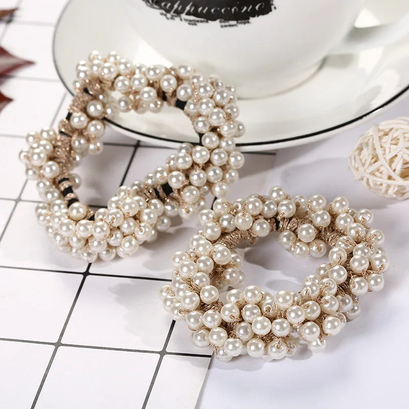 Cute Woman Big Pearl Rhinestone Elastic Hair Ties Luxury Hairband Scrunchies Girls Ponytail Holders Rubber Band Hair Accessories