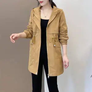 Windbreaker Women Jackets New Winter Mid-Length Loose Coat Hooded Lace-UP Female Jacket Plus Velvet Warm Outwear Ladies Outcoat