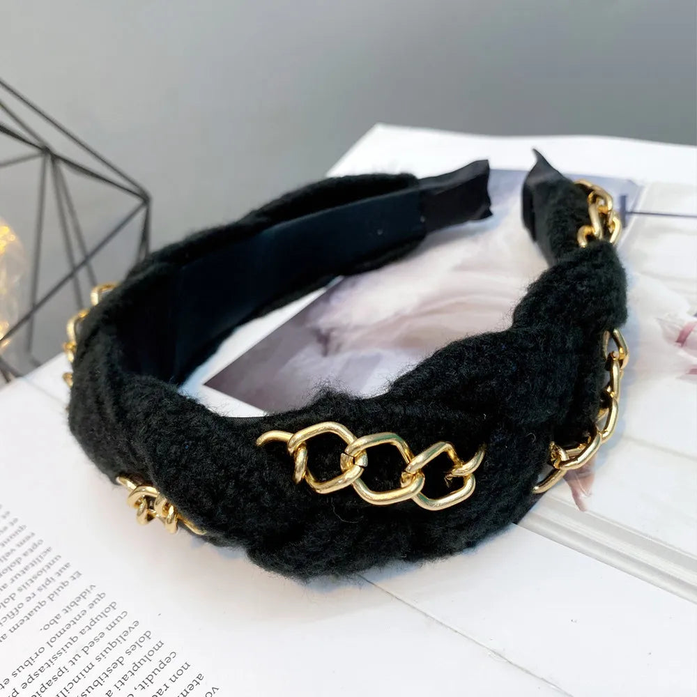 Winter Golden Chain Woolen Headband For Women Korea Handmade Soft Fur Hairband Hot Sale Outdoor Hair Accessories Headwear