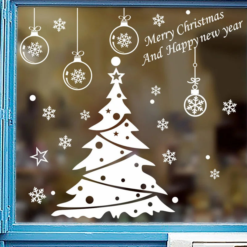 Christmas Tree Decoration Glass Windows Wall Stickers Snowflake Living Room Decals Festival Home Decor Happy New Year Wallpaper