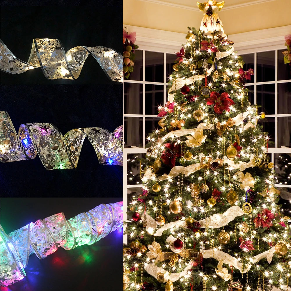 Christmas Decoration LED Ribbon Lights Christmas Tree Ornaments DIY Lace Bows String Lights Navidad Home Decors New Year 2023