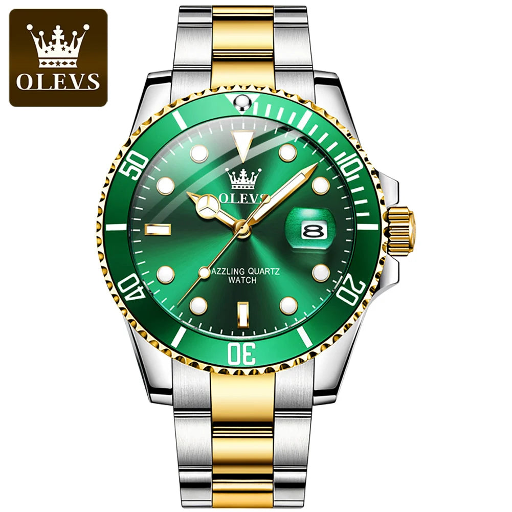 OLEVS Top Brand Men's Watch Quartz Stainless Steel Green Watches for Men Luxury Business Luminous Waterproof Wristwatch Reloj