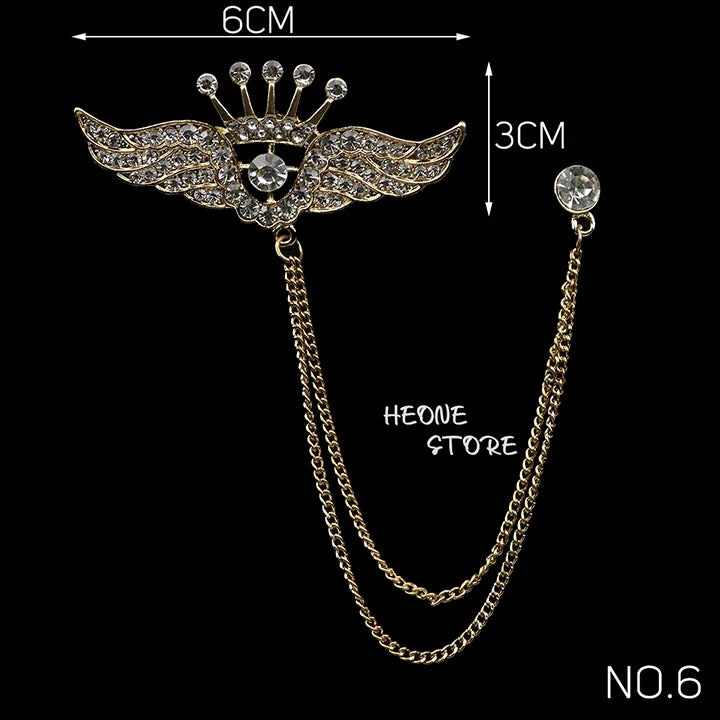 Golden Men Women Tassel Chain Lapel Pin Brooch Wings Crown Sword Scissors Retro Men Gift Wedding Banquet Daily Wear Accessories