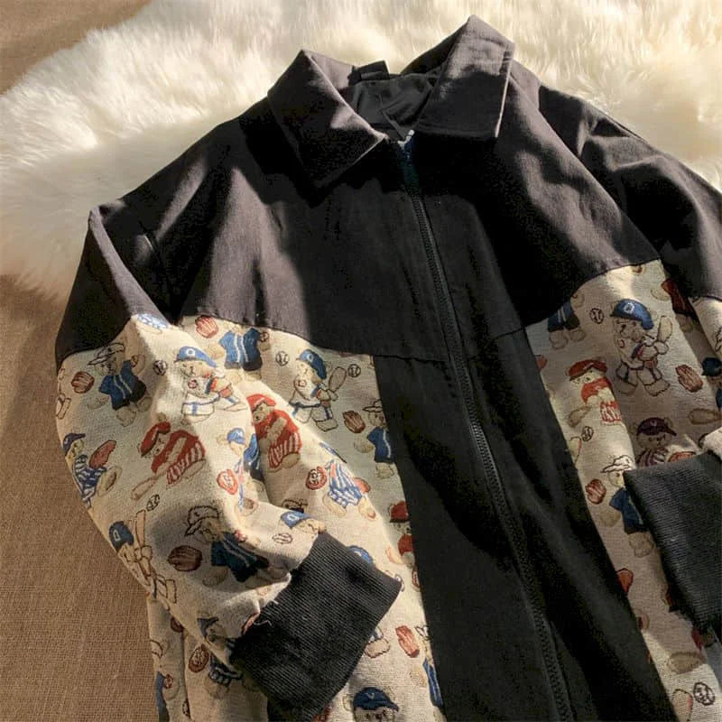Woman Jacket Design Sense Niche Stitching Bear Print Jacket Men Women Spring Autumn Loose Retro Baseball Uniform Cardigan Ins