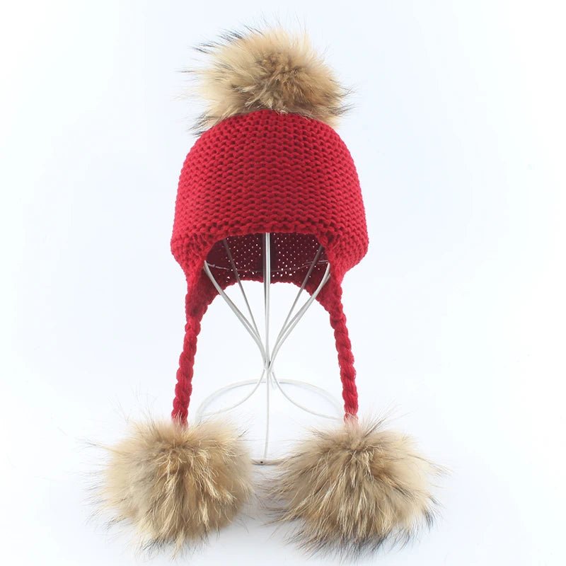 Winter Hat For Kids Real Mink Raccoon Fur Pompom Hat Children Wool Knitted Girls Boys Cap Baby Earflap Skullies Beanies