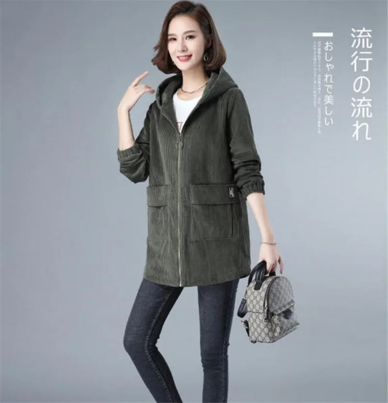 Corduroy Jacket For Women Autumn New Korean 5XL Casual Hooded Middle-aged Mother Windbreaker Coat  2189