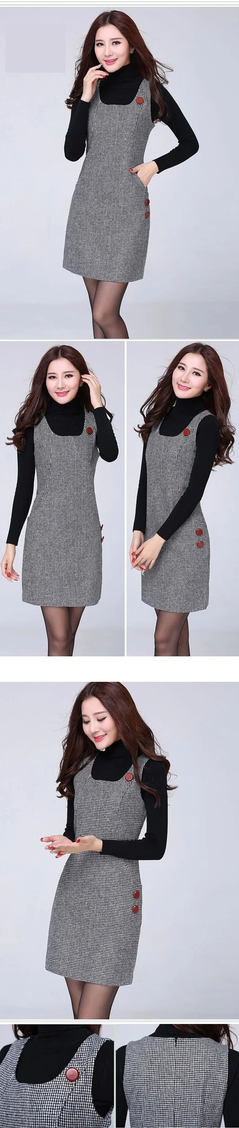 Hot Woolen Dresses Women 2025 Spring Autumn Winter Sleeveless Vest Dress With pocket All-match Lady Plaid Vest Slim Dresses 5XL