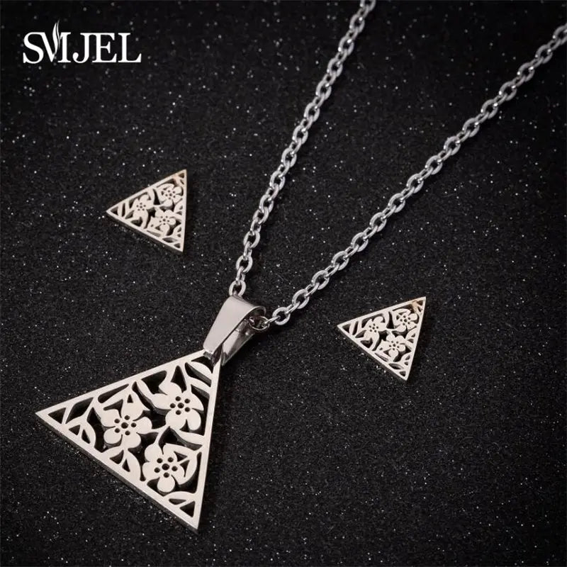 SMJEL Jewelry Sets Boho Flower Triangle Earrings Vintage Tibetab Retro Necklace Women Art Deco Pendant Chain Collares Gifts