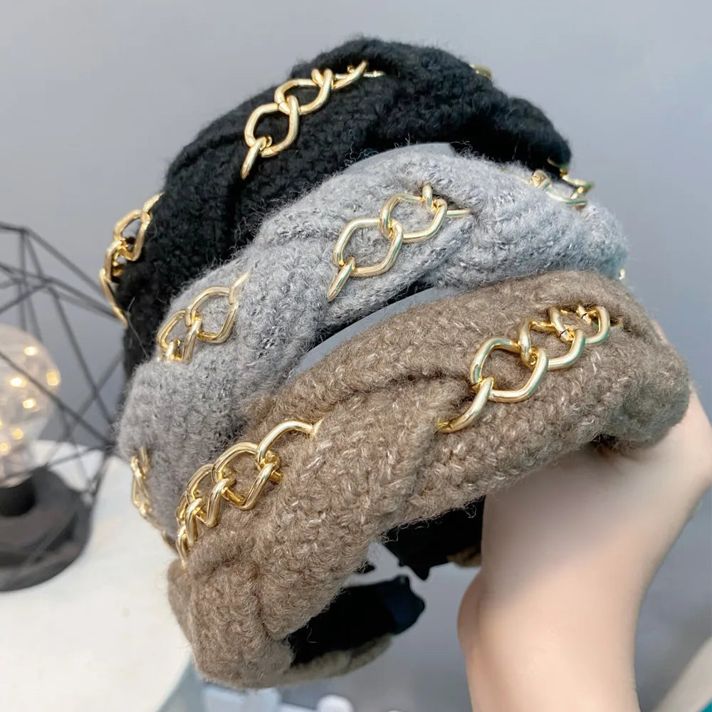 Winter Golden Chain Woolen Headband For Women Korea Handmade Soft Fur Hairband Hot Sale Outdoor Hair Accessories Headwear