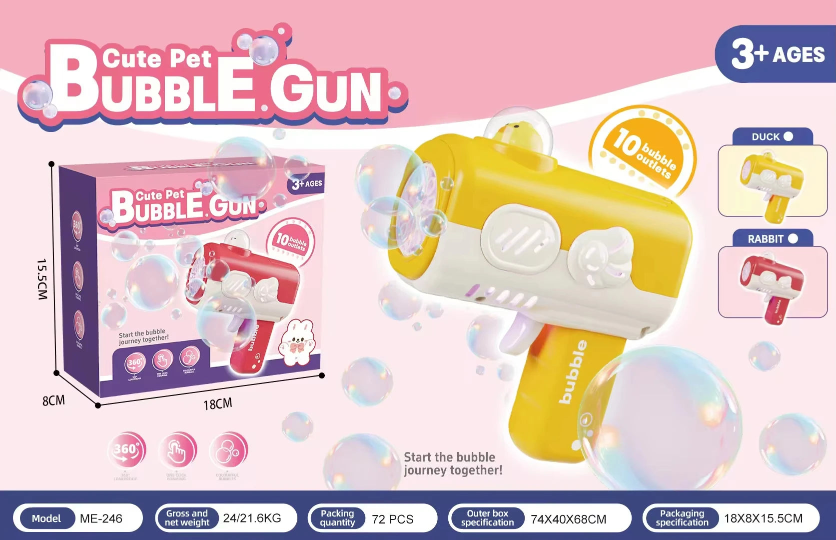 Kids Summer New Plastic LED Light Animal Cartoon Soap Bubble Gun Electric Gatling Toy