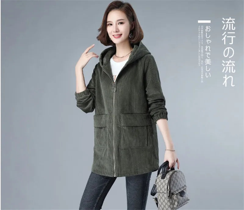 Corduroy Jacket For Women Autumn New Korean 5XL Casual Hooded Middle-aged Mother Windbreaker Coat  2189