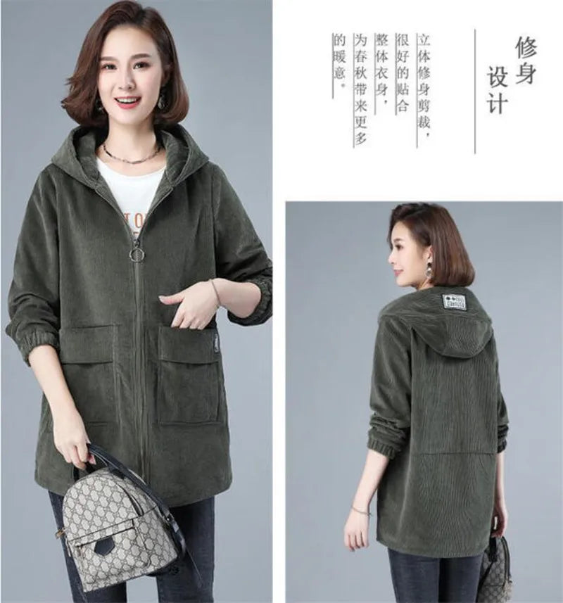 Corduroy Jacket For Women Autumn New Korean 5XL Casual Hooded Middle-aged Mother Windbreaker Coat  2189