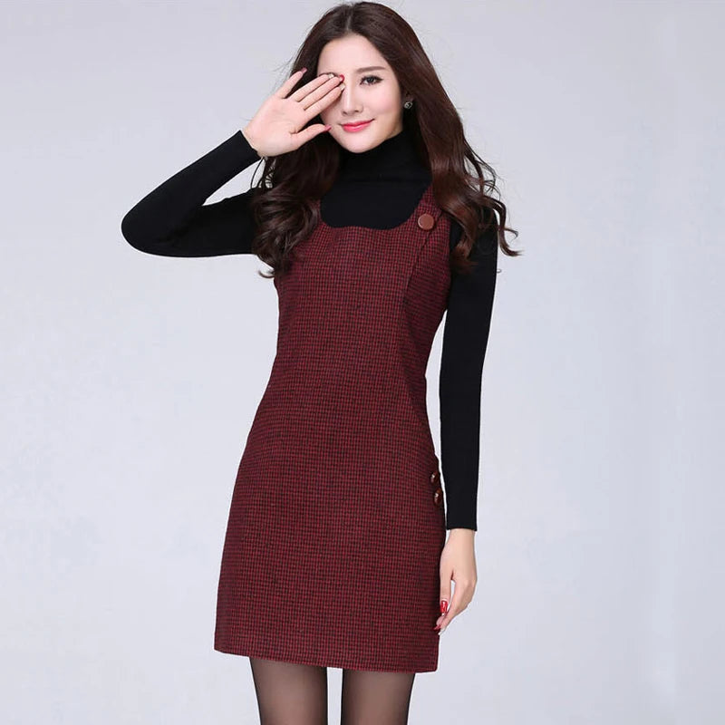 Hot Woolen Dresses Women 2025 Spring Autumn Winter Sleeveless Vest Dress With pocket All-match Lady Plaid Vest Slim Dresses 5XL